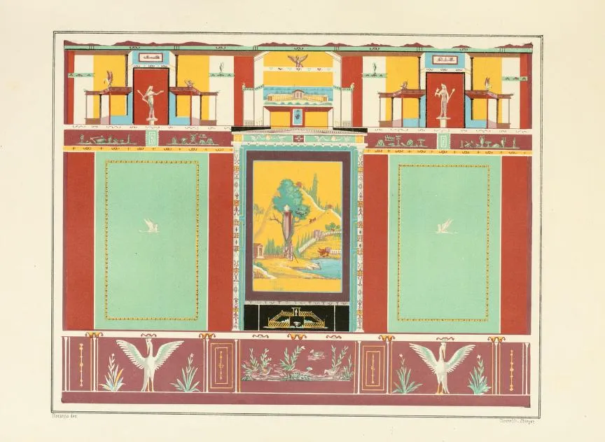 Watercolor of a frescoed wall in the House of Orpheus by Geremia Discanno
