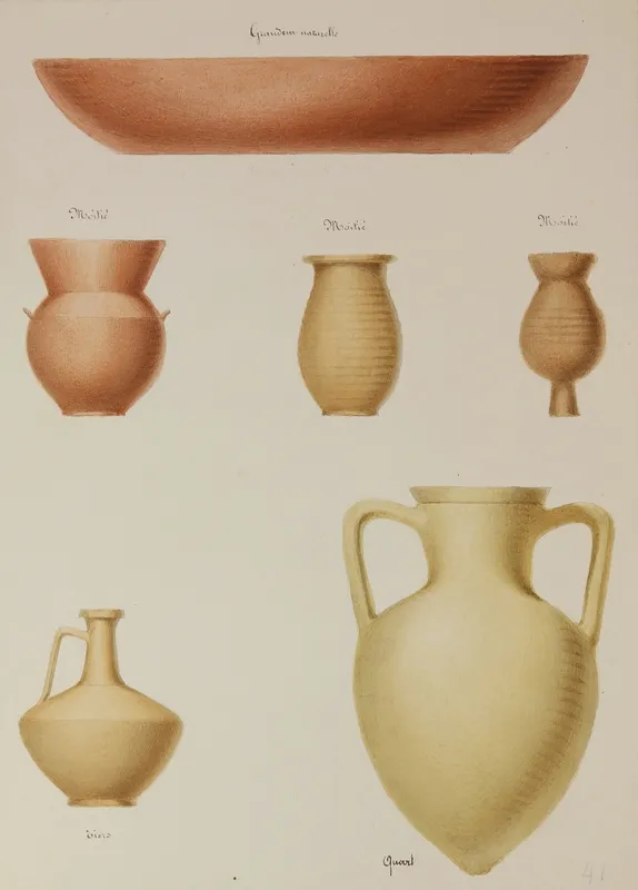 Watercolor study of Roman pottery forms by Geremia Discanno