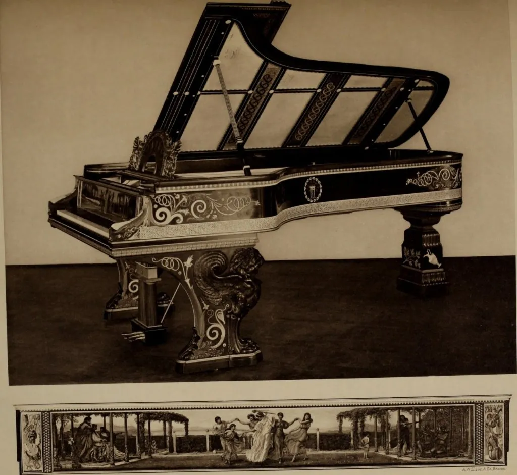 Historic 19th-century photograph of the Alma Tadema Steinway piano fully open