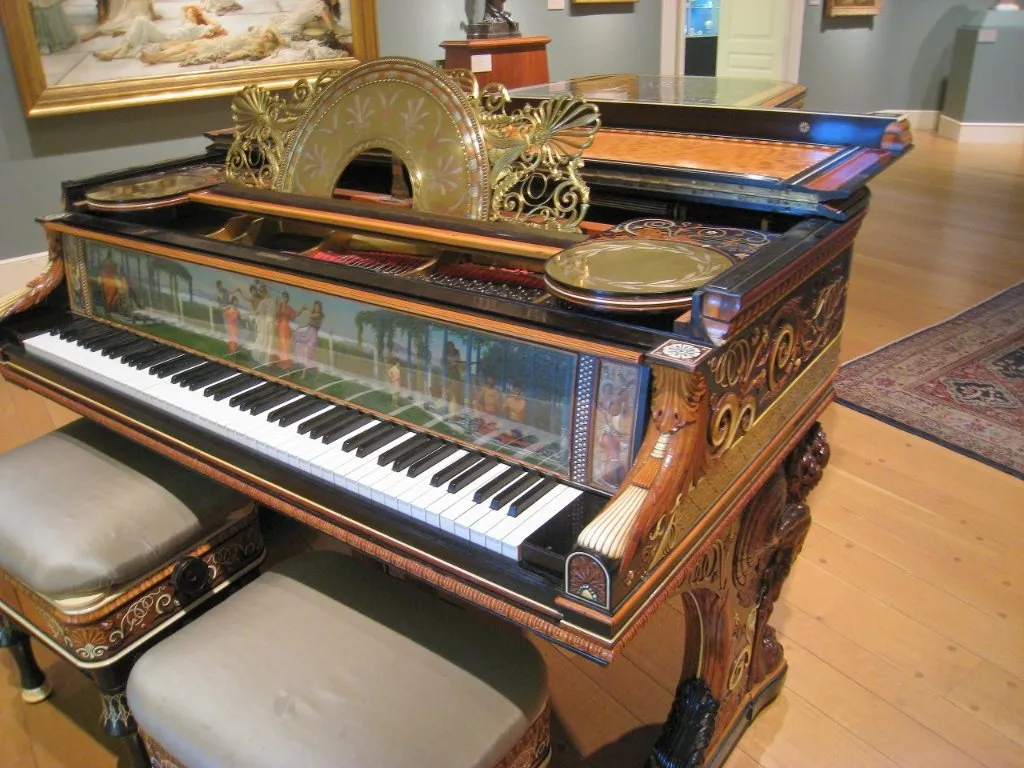 Detail of the Alma Tadema Steinway keyboard and ornate music stand inlay