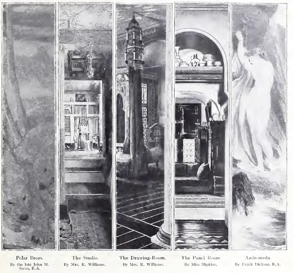 Interiors and Mythological panels by Swan, Williams, Hipkins, and Dicksee