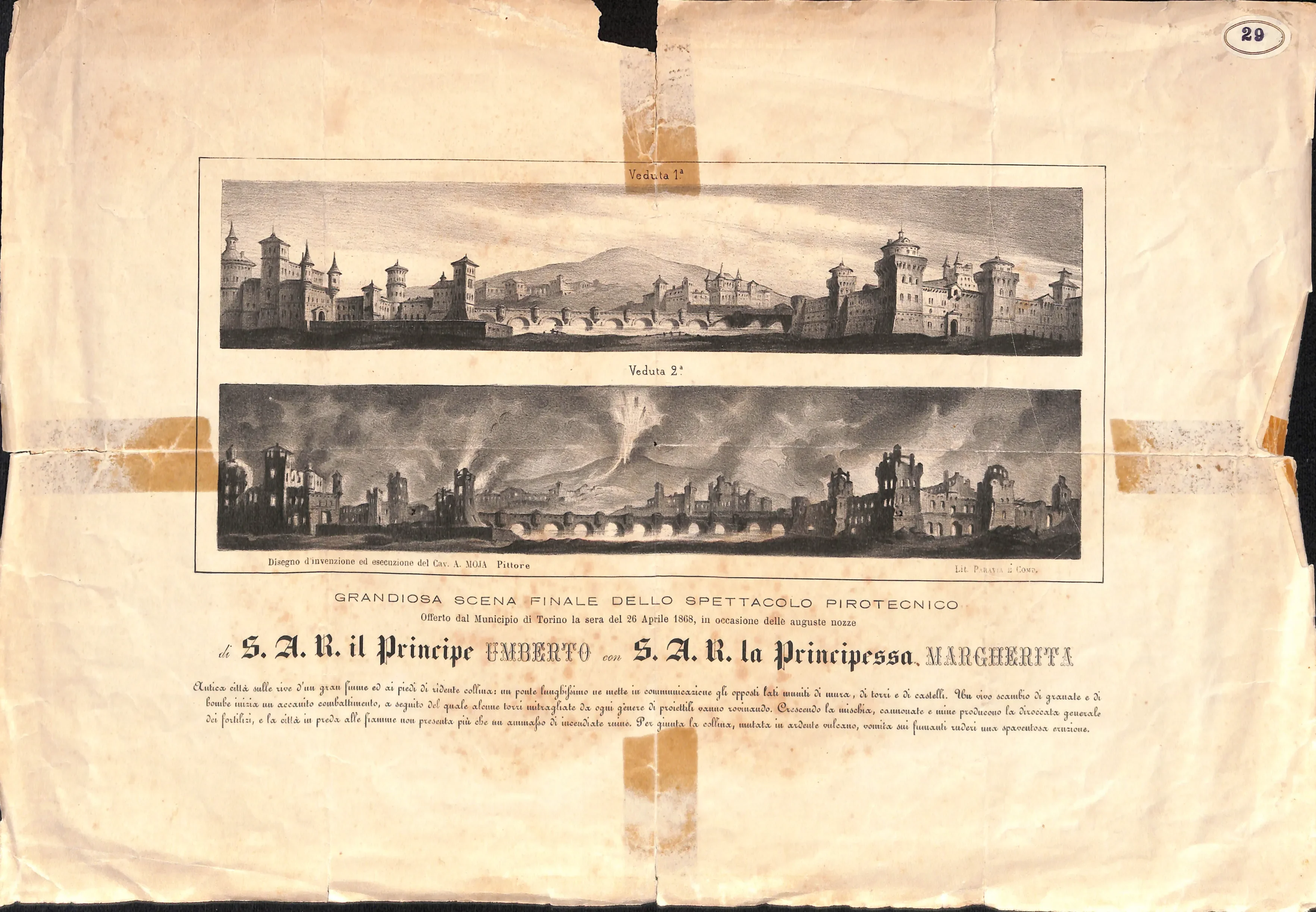 A finely detailed Victorian steel engraving of a fireworks display in Turin, 1868