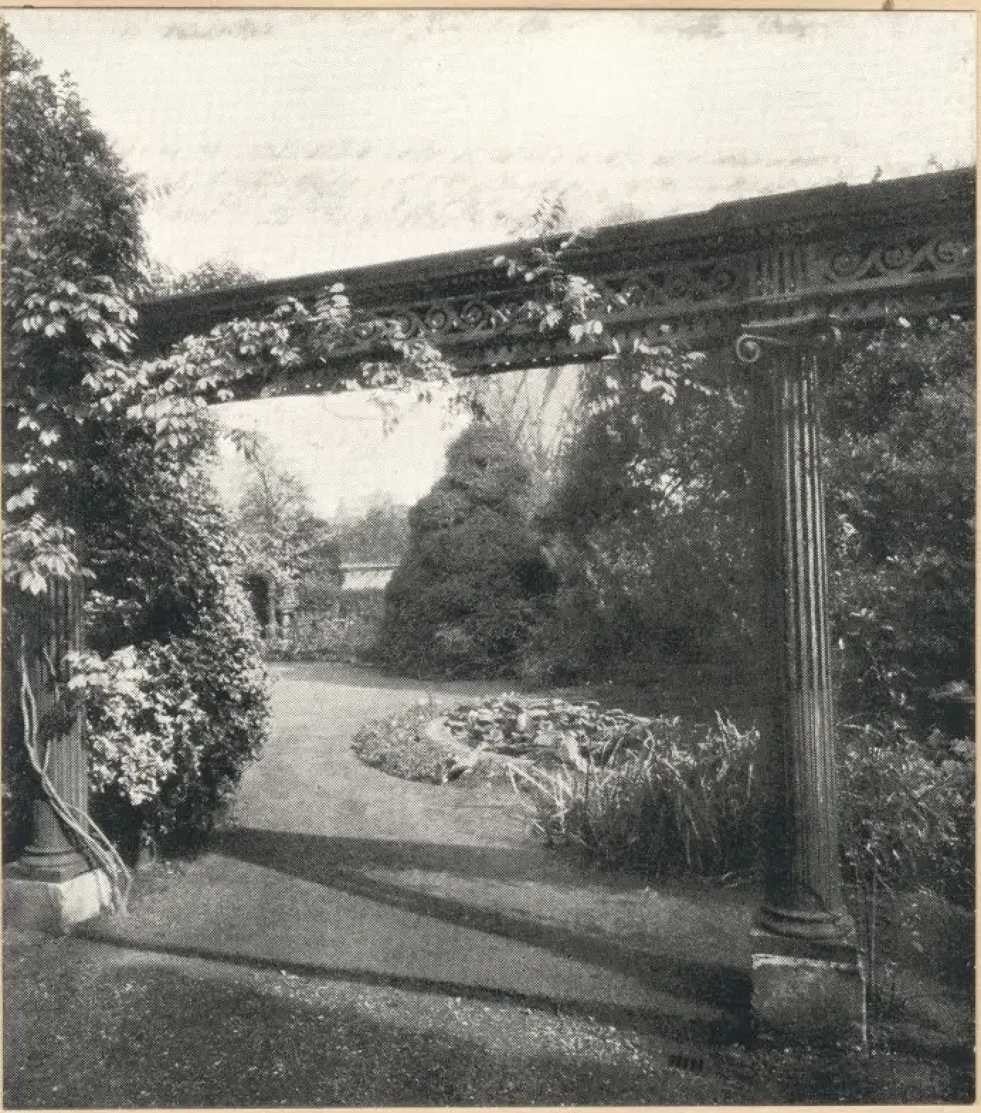 Casa Tadema gardens with Roman pergola, pond, and Alma-Tadema roses, 1912