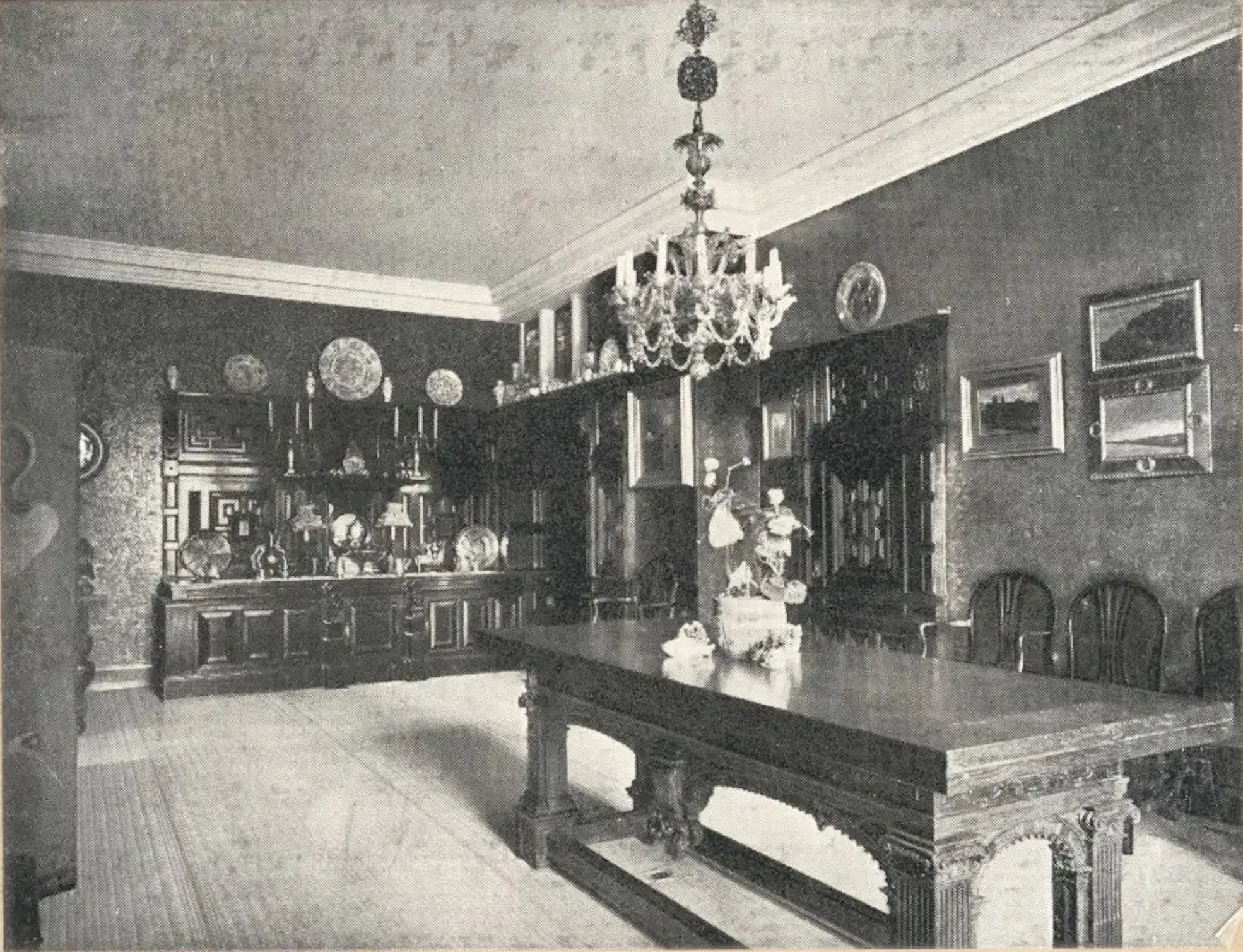 Casa Tadema Dining Room with La Farge stained glass and wood paneling, 1912