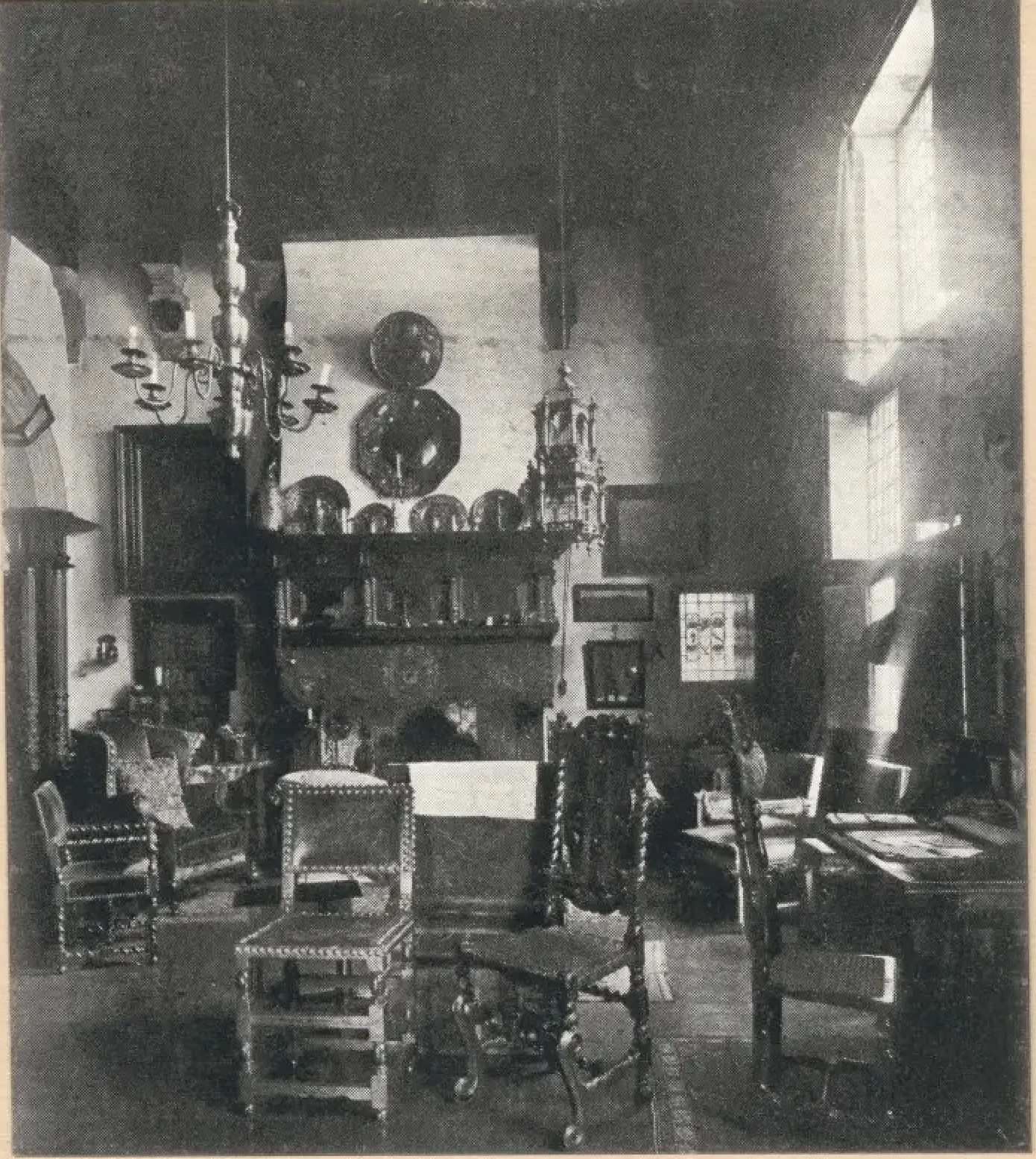 Casa Tadema Dutch Room antique furniture and carved beams, 1912 photograph