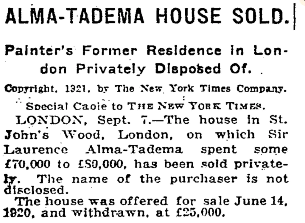 NYT September 8 1921 Alma Tadema House Sold