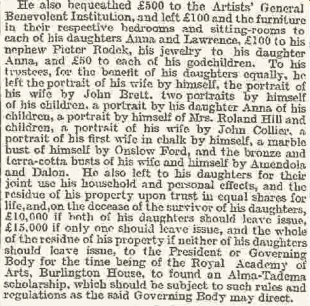 Times of London Headline August 1 1912 Alma Tadema Will