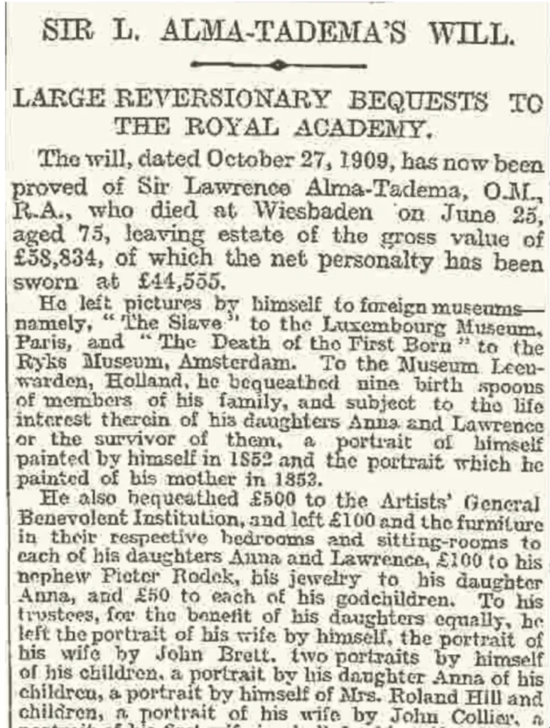 Times of London Headline August 1 1912 Alma Tadema Will