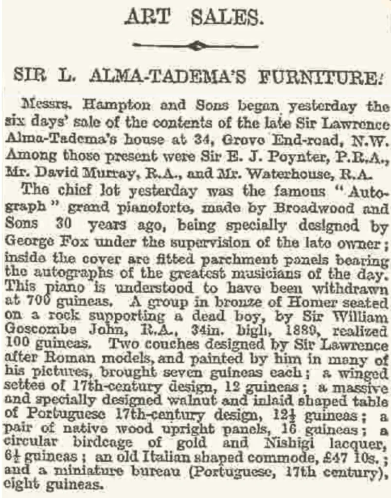 Times of London June 10 1913 Alma Tadema Furniture Sale