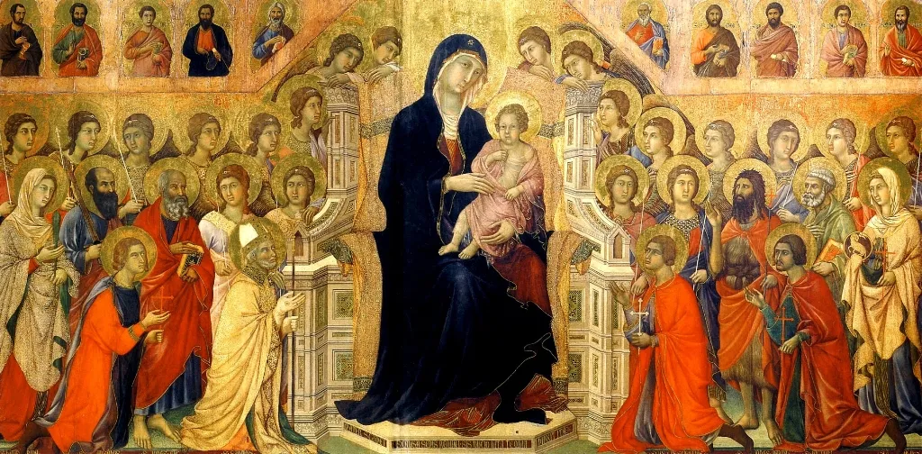 History of Art Trends - Maesta by Duccio illustrating Medieval Abstraction and spiritual flatness