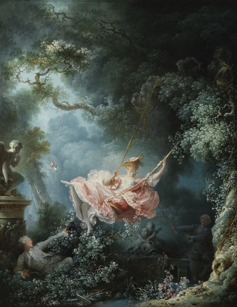History of Art Trends - The Swing by Fragonard representing Rococo luxury before the Neoclassical shift