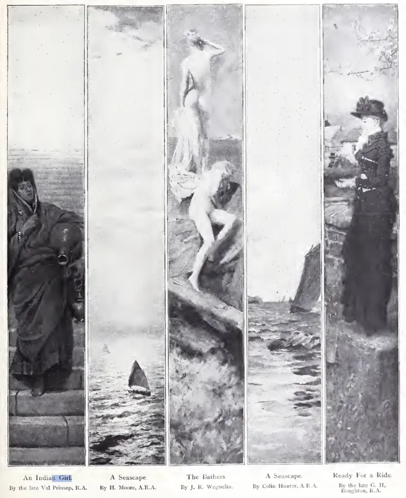 Five Panels: Prinsep's Indian Girl, Moore's Seascape, Weguelin's Bathers, Hunter's Seascape, and Boughton's Ready for a Ride