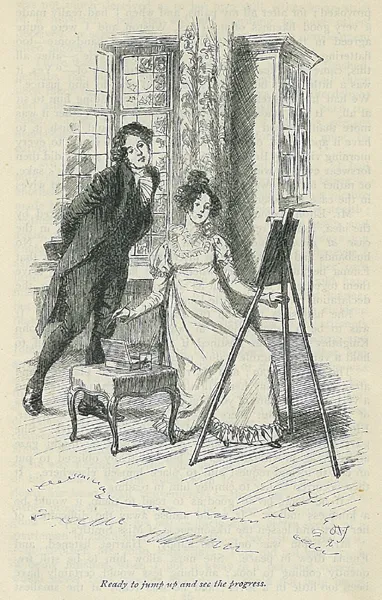 Emma painting Harriet with Mr. Elton looking on
