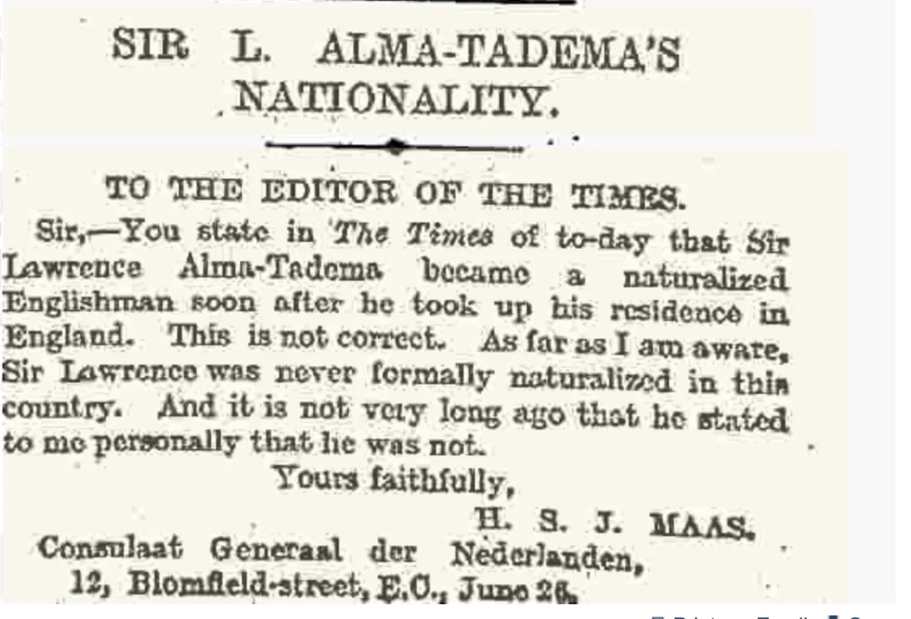 Letter to the Editor of The Times from H.S.J. Maas regarding Alma-Tadema's nationality.