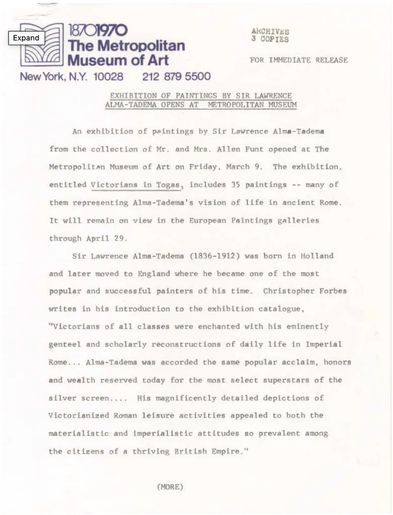 Metropolitan Museum of Art Press Release for Victorians in Togas, March 1973, Page 1