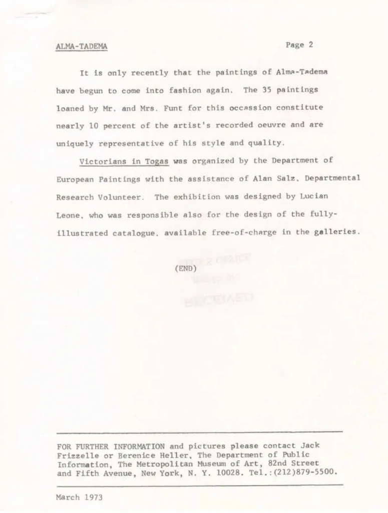 Metropolitan Museum of Art Press Release for Victorians in Togas, March 1973, Page 2