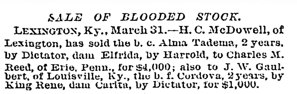 New York Times clipping, April 1, 1887, reporting the sale of the horse Alma Tadema.