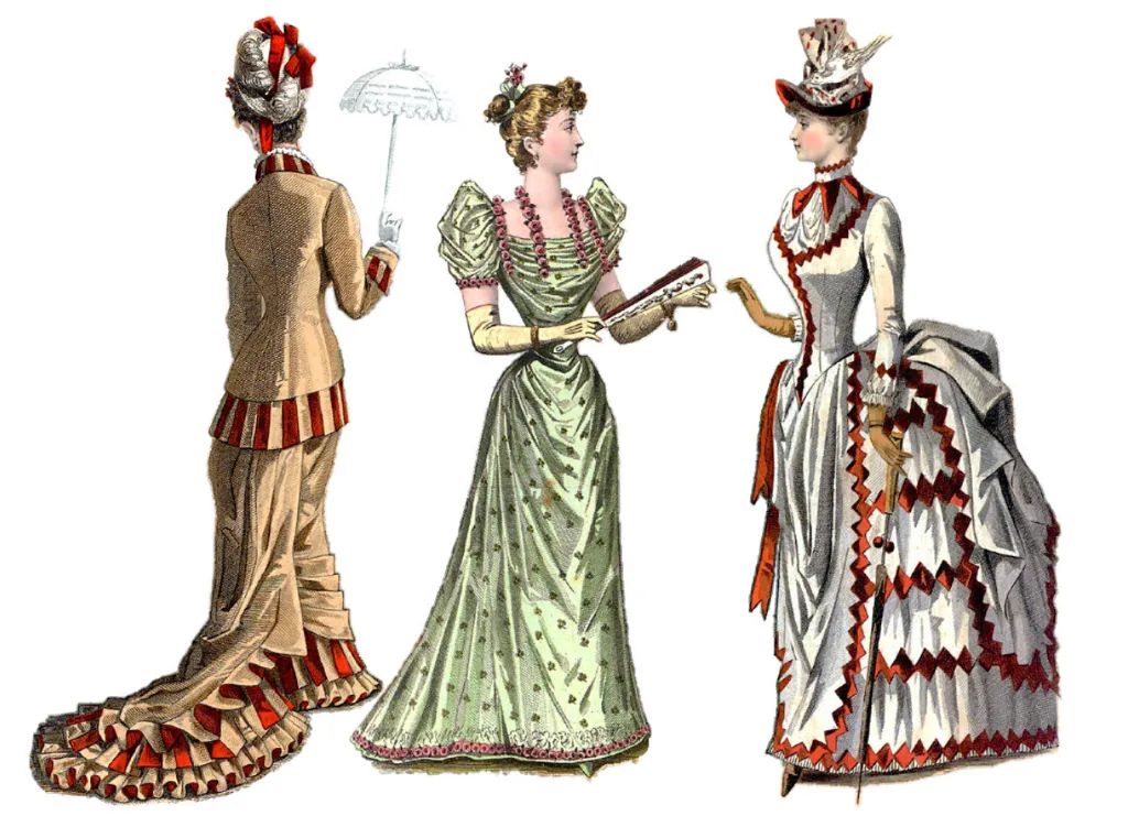 1880s Victorian fashion plates showing daywear and eveningwear