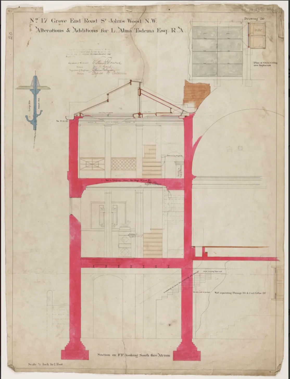 Section looking south through atrium and plan of glass ceiling over Impluvium