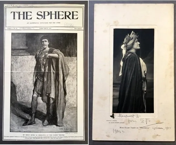Theatrical production photo of Henry Irving and Ellen Terry performing within Lawrence Alma-Tadema's archaeological marble sets for Coriolanus