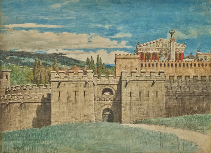 Lawrence Alma-Tadema archaeological stage design for Coriolanus (1901) showing Antium city walls with Etruscan and Roman architectural influences