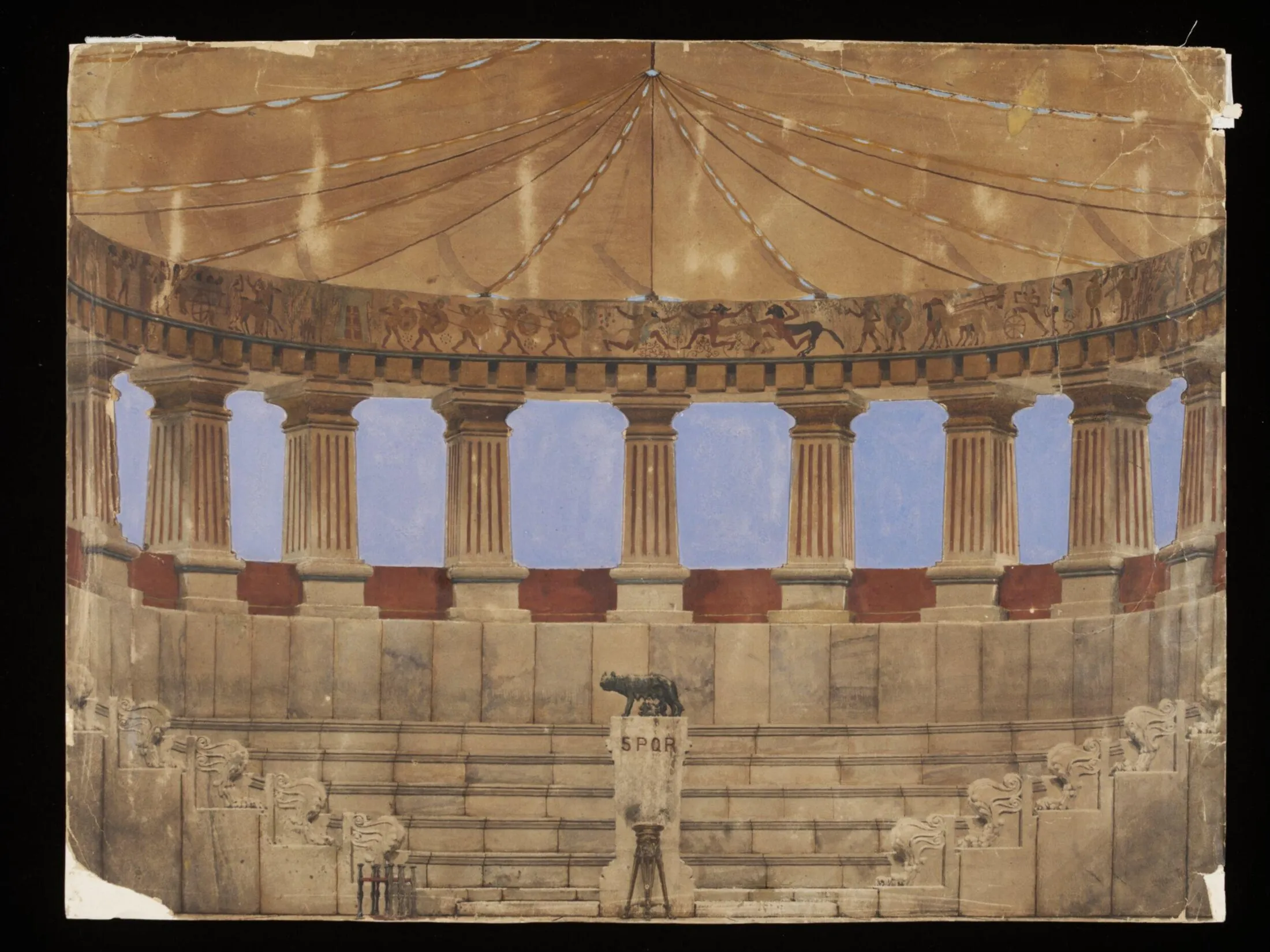 Lawrence Alma-Tadema hand-painted backcloth design for the Lyceum Theatre production of Coriolanus, translated into massive theatrical canvases