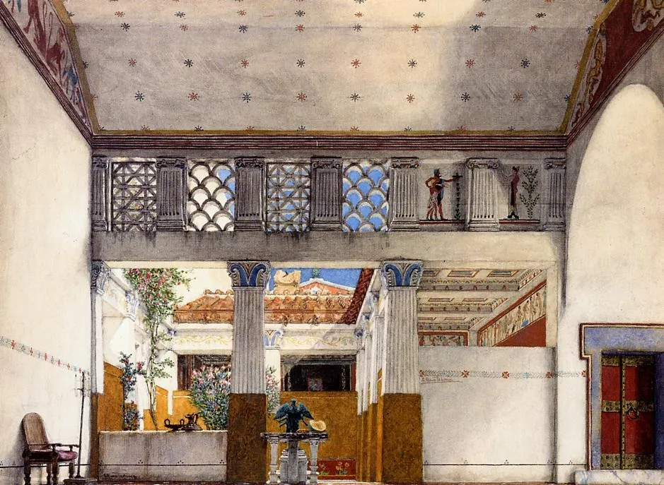 Lawrence Alma-Tadema interior set design for Caius Martius House in Coriolanus, showcasing meticulous Roman domestic architecture