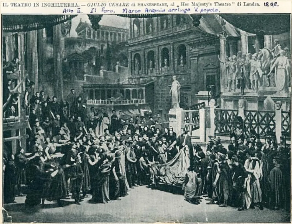 Historical set photograph of the Forum scene from the 1898 production of Julius Caesar at Her Majesty's Theatre, designed by Lawrence Alma-Tadema