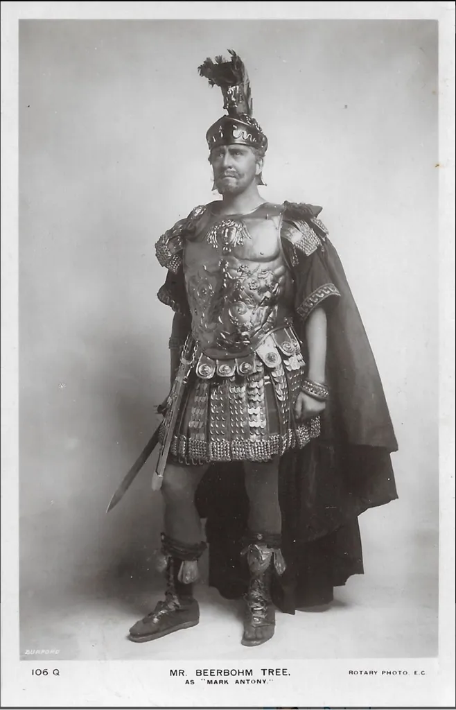 Herbert Beerbohm Tree as Mark Antony in Julius Caesar (1898), wearing archaeological armor designed by Lawrence Alma-Tadema